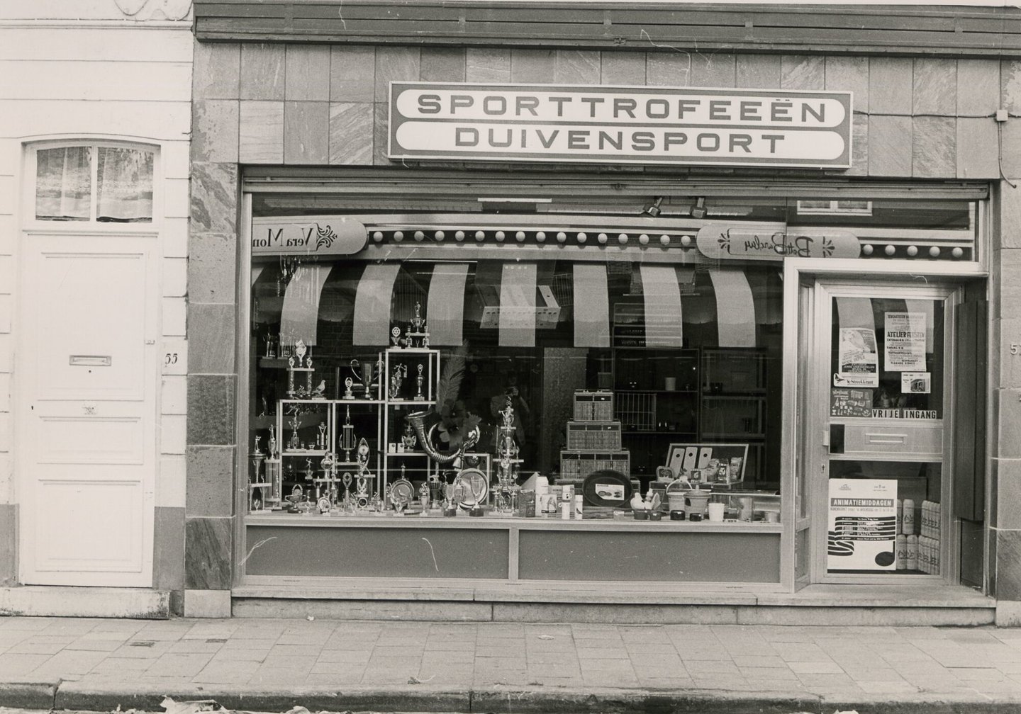 Etalage van winkel in sporttrofeeën en duivensport in Gent