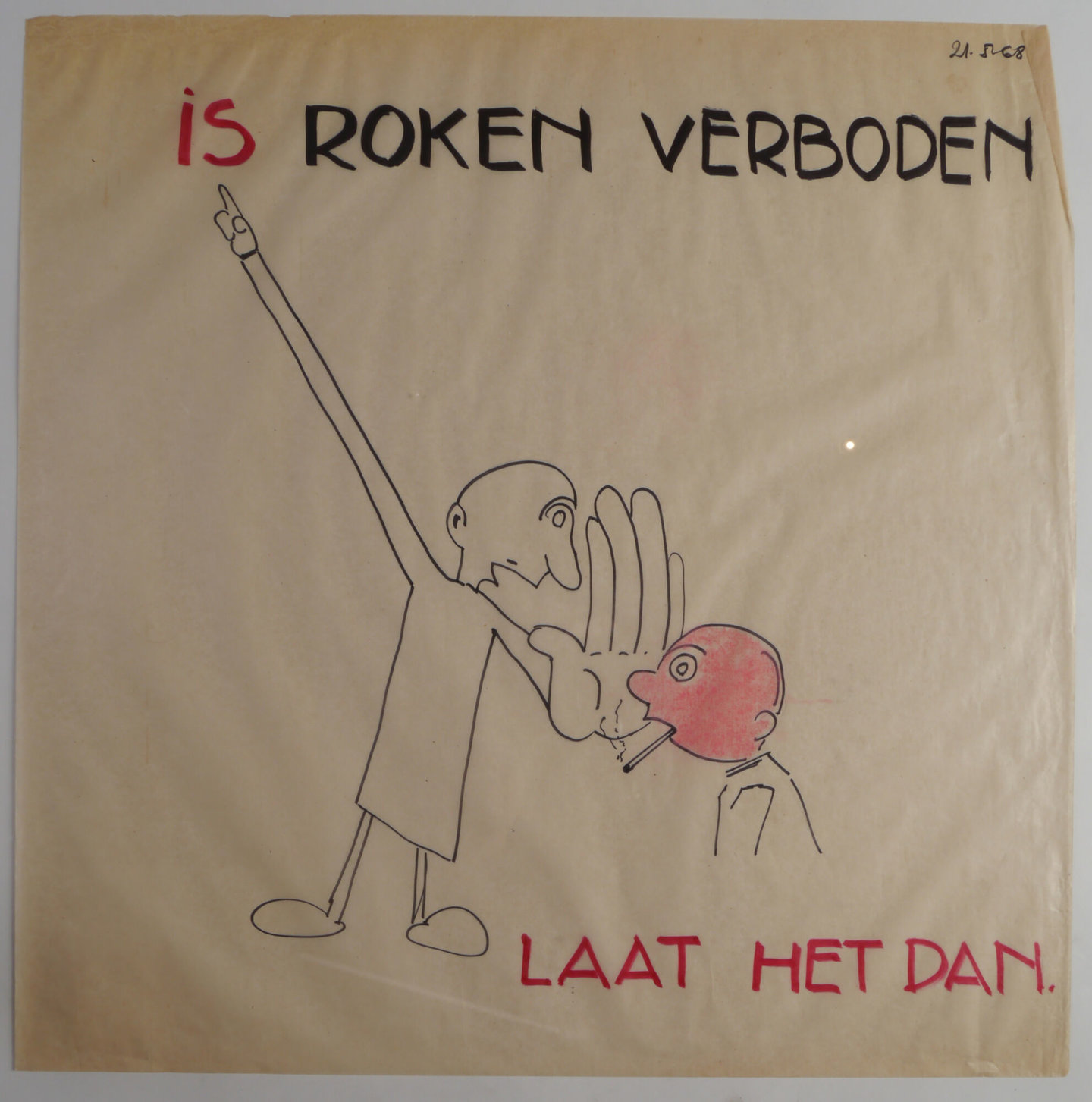 Handgetekende affiche om de aandacht te vestigen op het rookverbod op de werkvloer