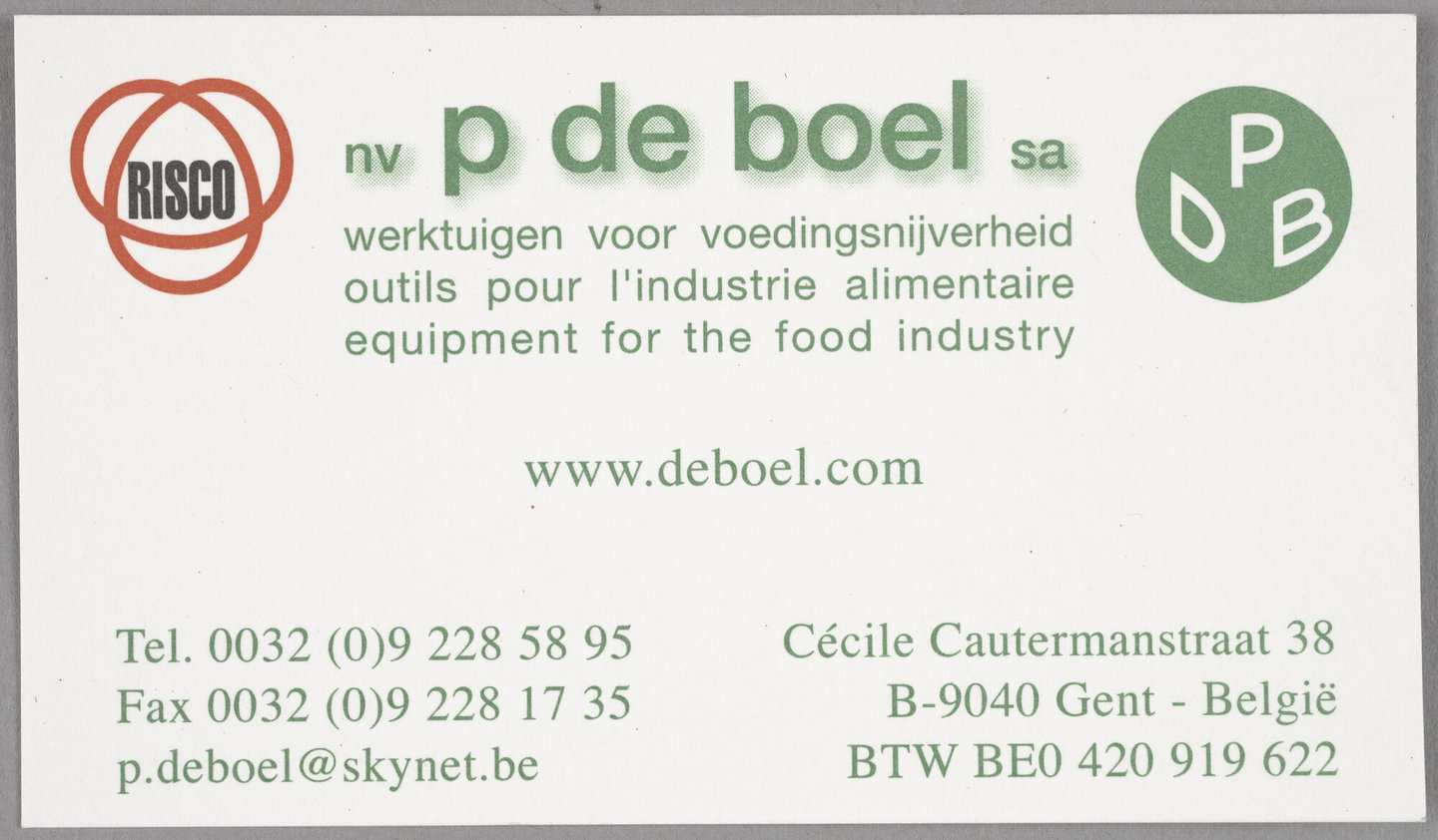 Visitekaart van metaalconstructiebedrijf voor de voedingssector PDB in Sint-Amandsberg