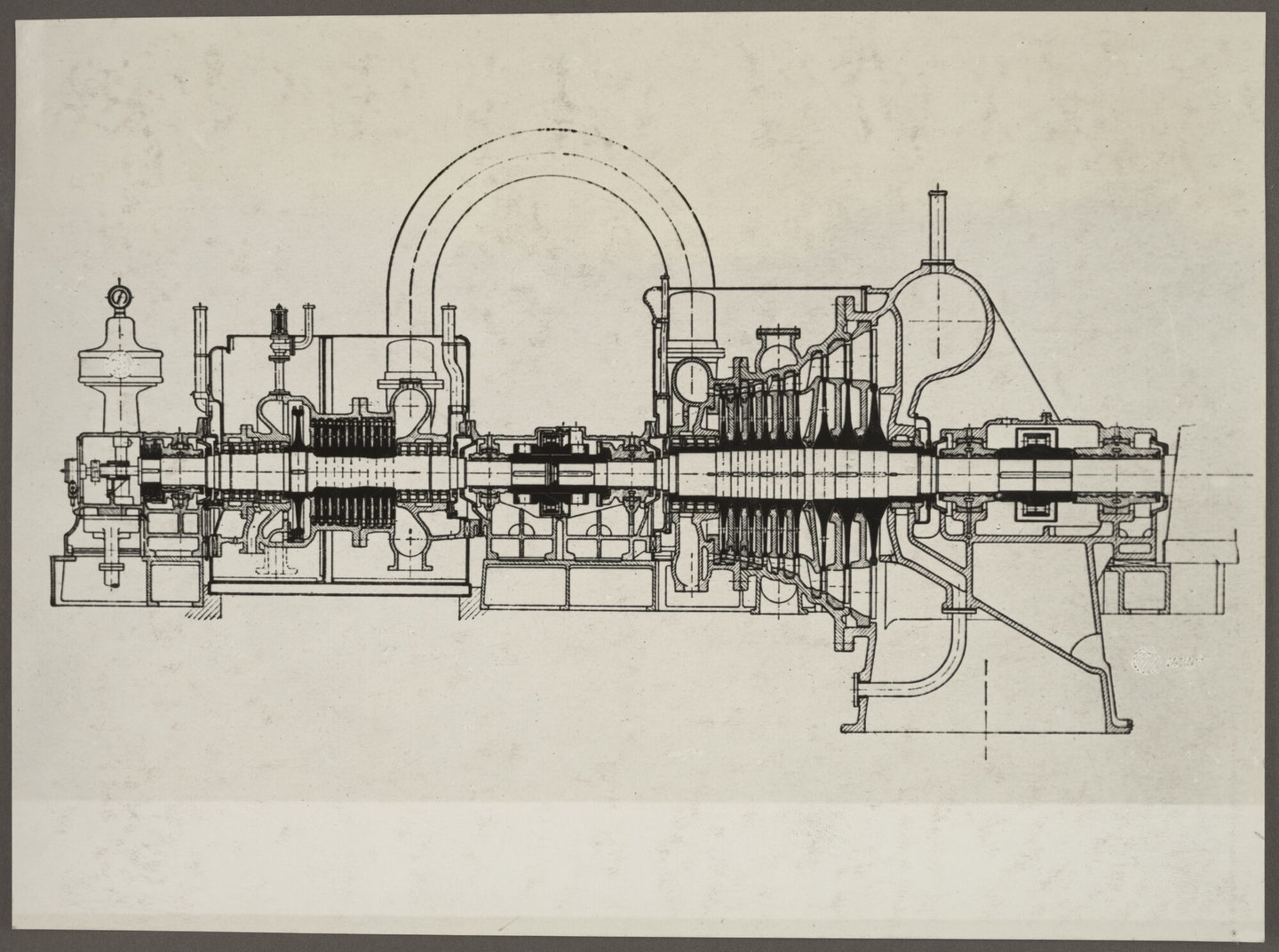 Technische tekening met doorsnede van stoomturbine geproduceerd door Van den Kerchove in Gent