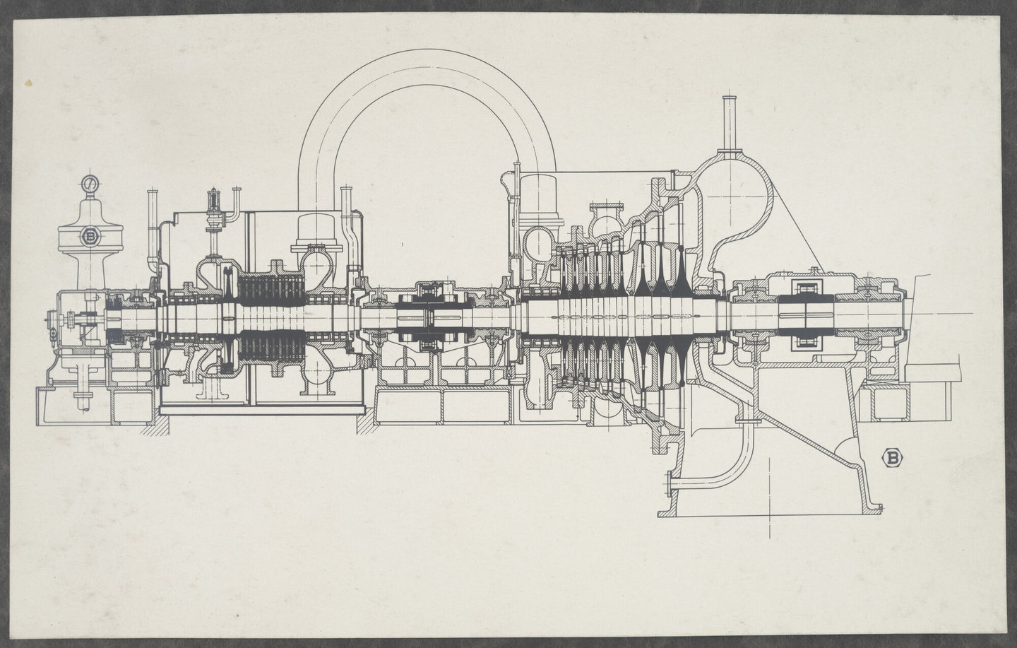 Technische tekening met doorsnede van stoomturbine geproduceerd door Van den Kerchove in Gent