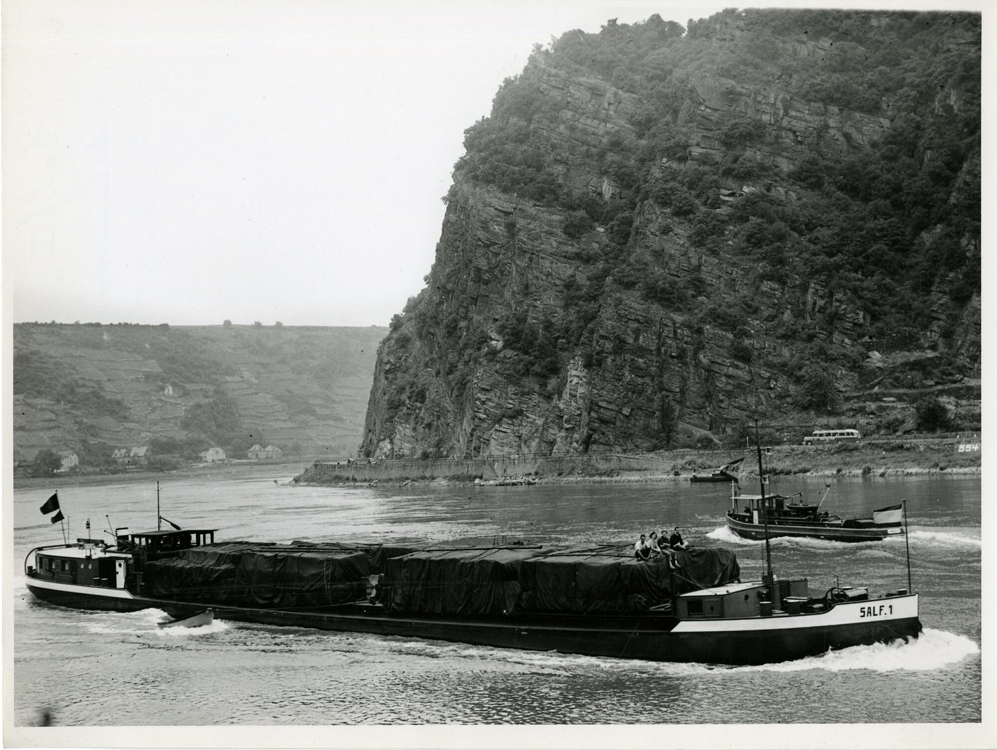 Binnenvaartschip Salf 1 tijdens de vaart op de Rijn ter hoogte van de Loreley