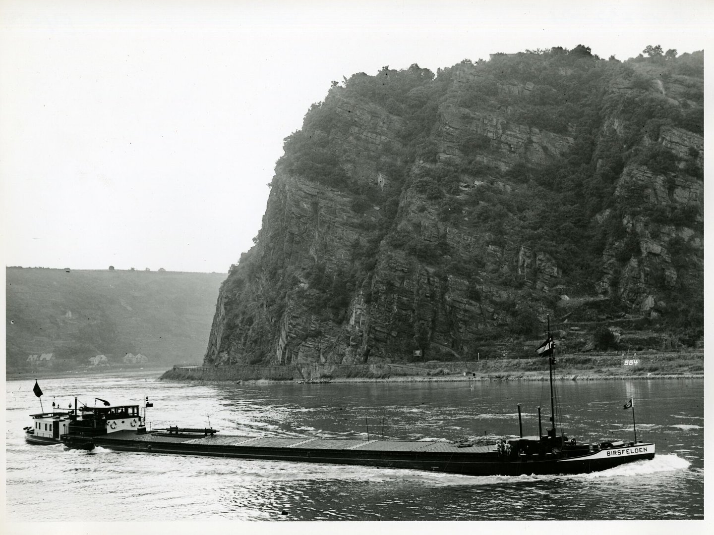 Binnenvaartschip Birsfelden tijdens de vaart op de Rijn ter hoogte van de Loreley