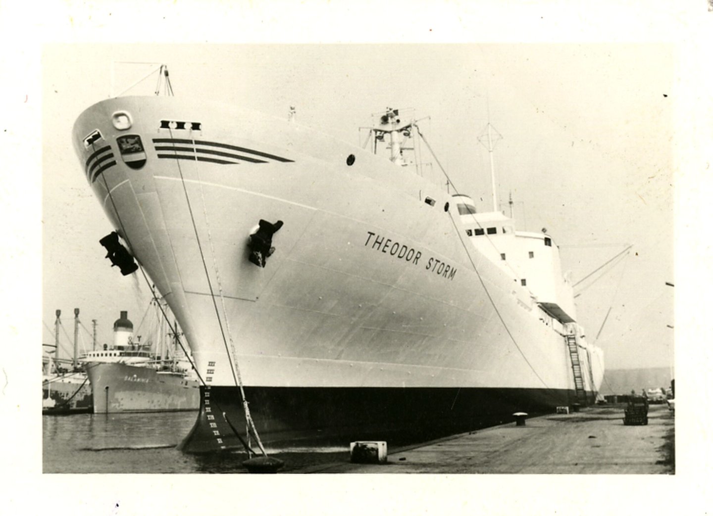 Vrachtschip Theodor Storm aangemeerd aan de kade in een haven