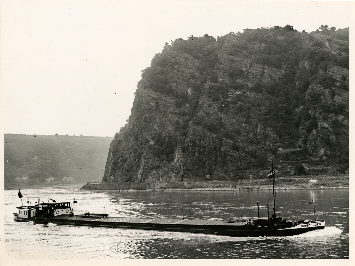 Binnenvaartschip Birsfelden tijdens de vaart op de Rijn ter hoogte van de Loreley