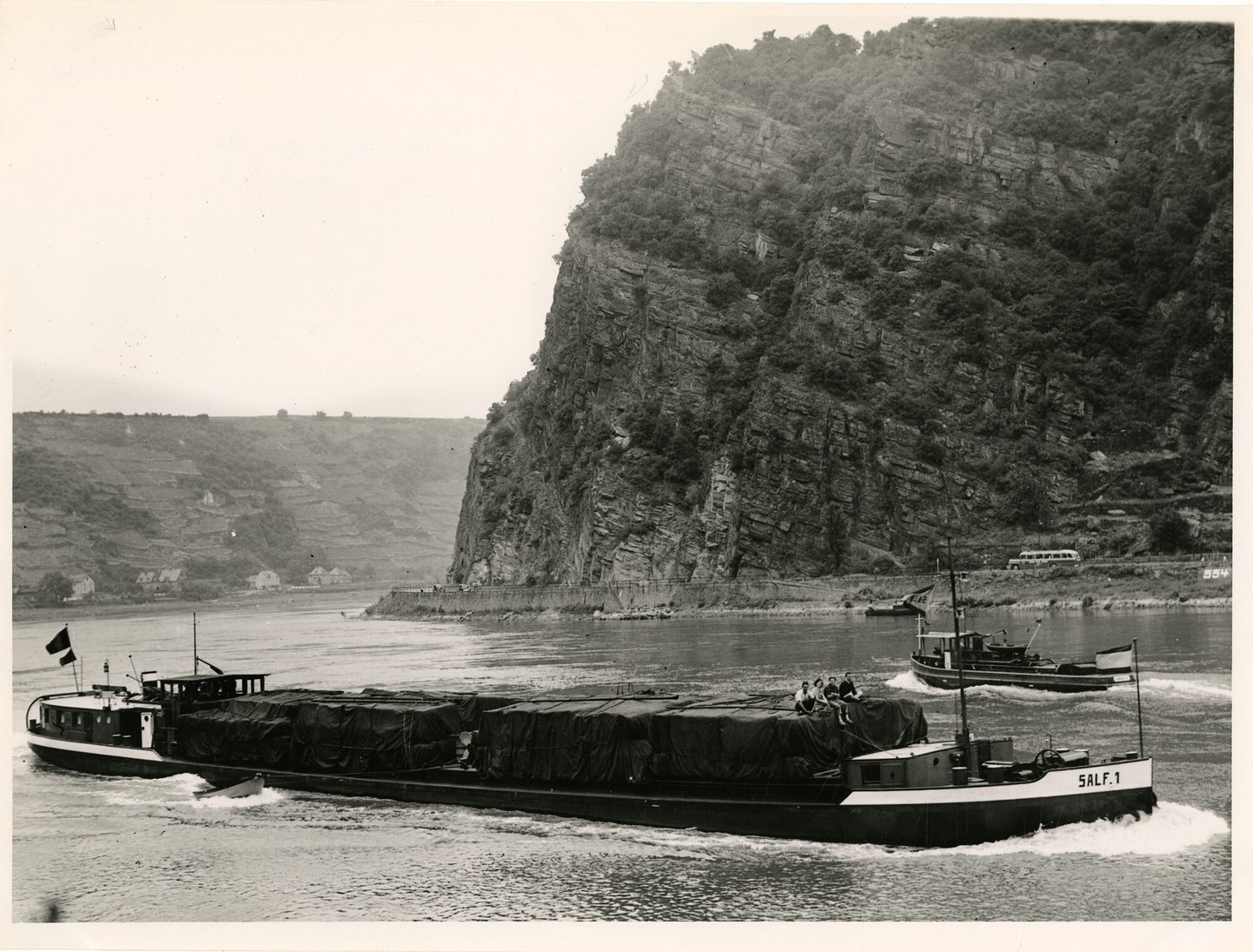 Binnenvaartschip Salf 1 tijdens de vaart op de Rijn ter hoogte van de Loreley