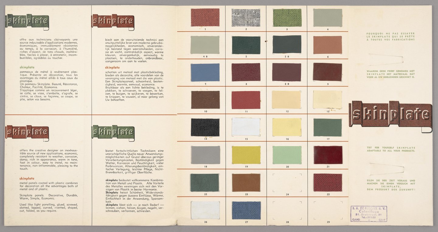 Kaart met stalen van kunstofbekleding van het merk Skinplate