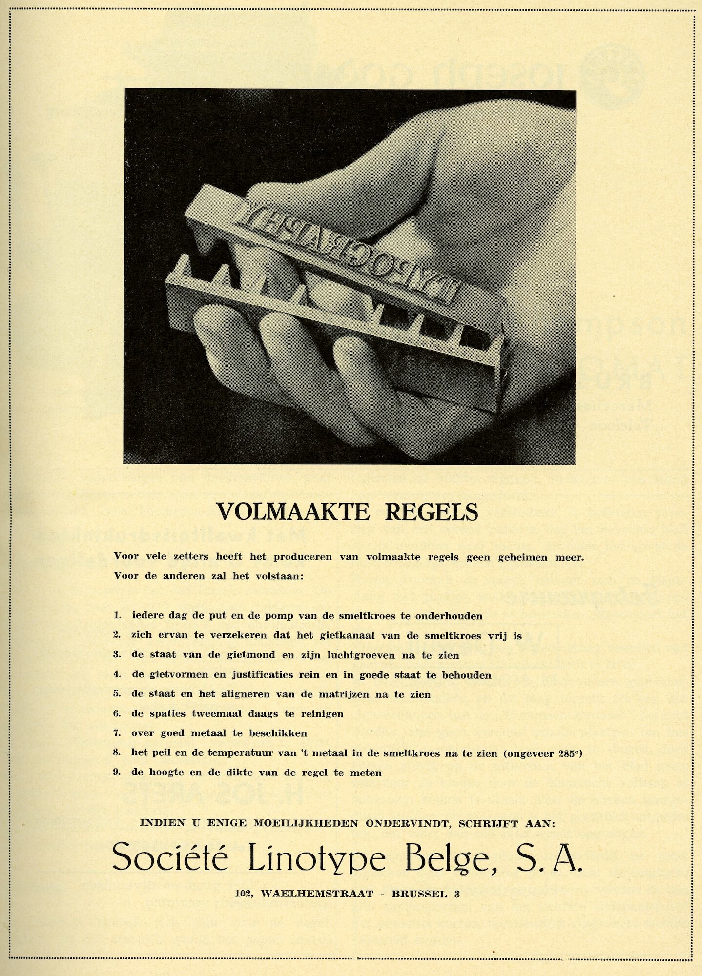 Reclame door Société Linotype Belge voor het produceren van volmaakte loden regels tekst